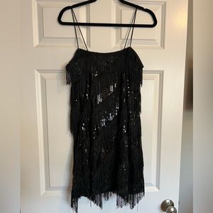 Sequin, fringe black mini dress